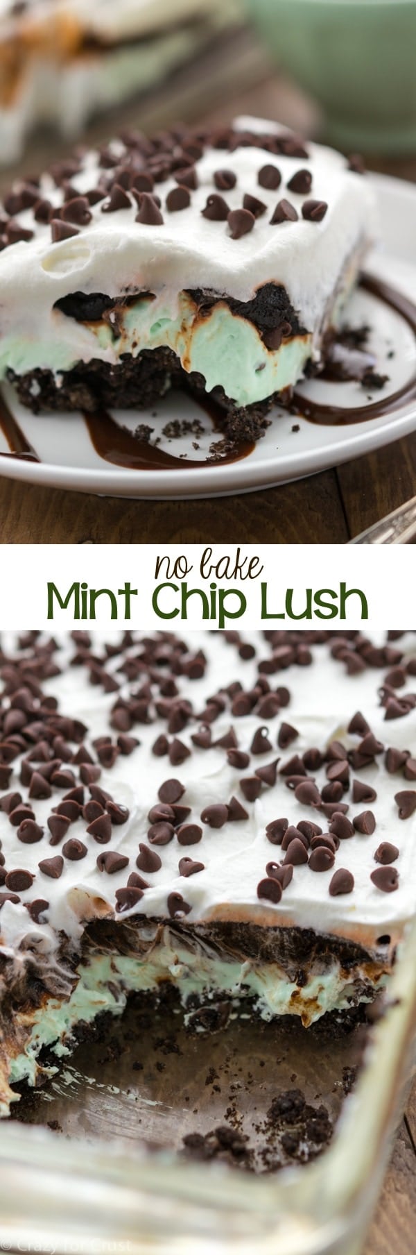 No Bake Mint Chip Lush Dessert filled with layers of cookie crumbs, no bake mint chip cheesecake, and chocolate pudding!