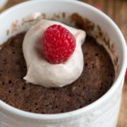 Skinny Single Serve Chocolate Raspberry Mug Cake in a white mug