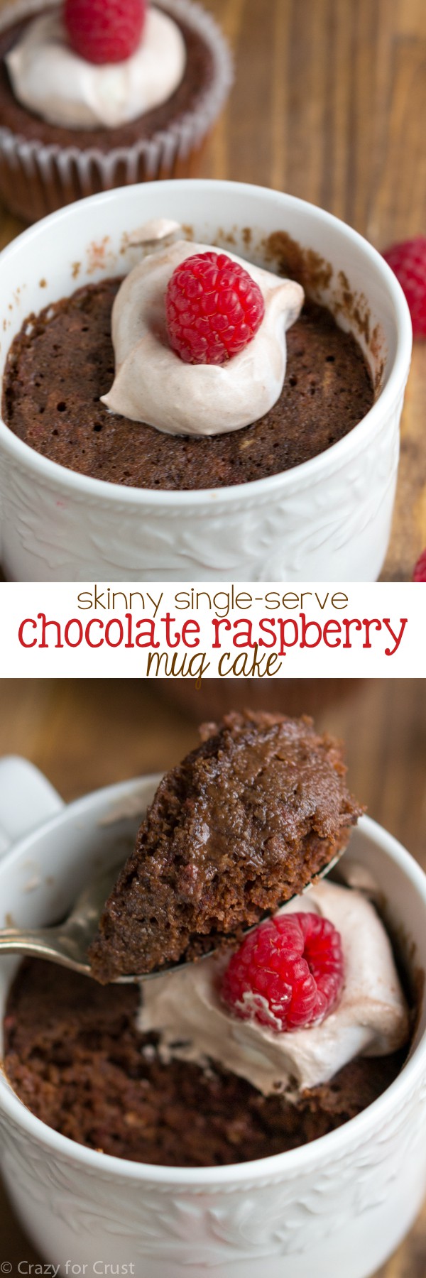Skinny Single Serve Chocolate Raspberry Mug Cake - the perfect mug dessert for Valentine's Day...or any day you want chocolate cake!
