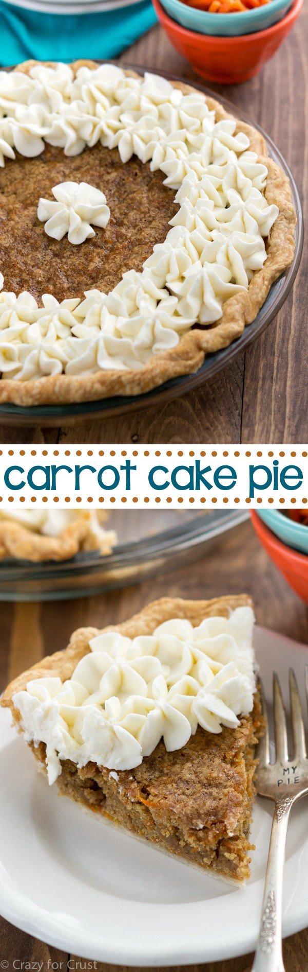 Carrot Cake Pie is an easy dessert recipe that's perfect for carrot cake lovers! It's a carrot cake blondie in a pie crust that's topped with cream cheese whipped cream!