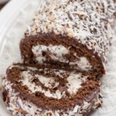 chocolate coconut cake roll sliced