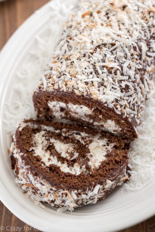 Chocolate Coconut Cake roll with one slice laying down on a white serving platter