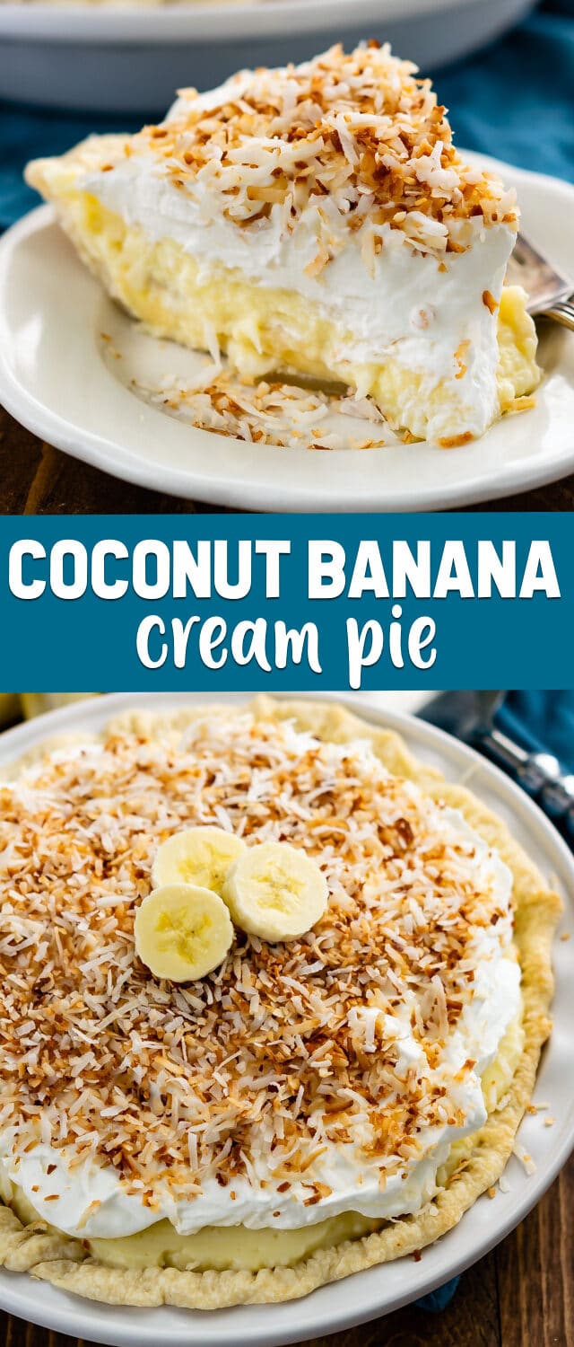 collage of coconut banana cream pie photos