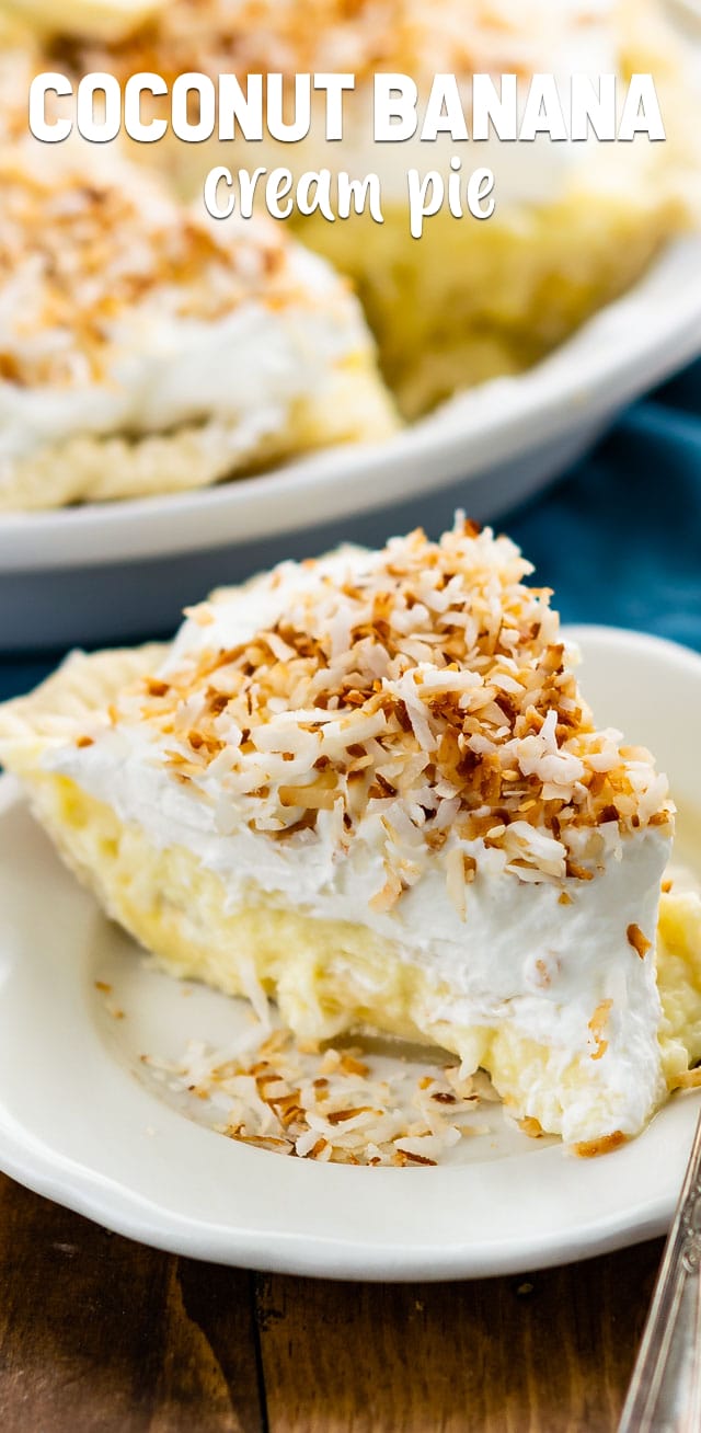 slice of coconut banana cream pie on plate