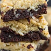 brownie layer with coconut cookies on top, stack of cookie bars