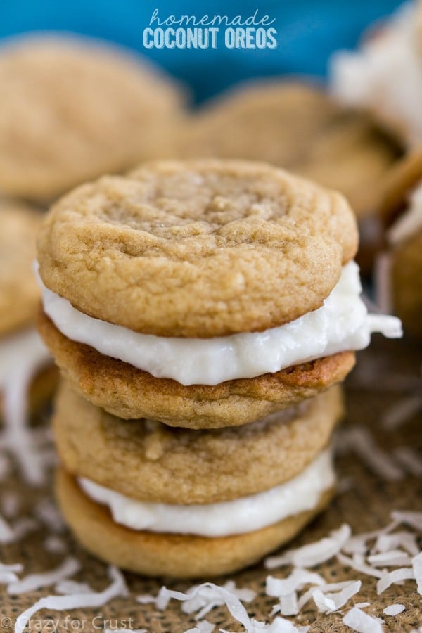 Homemade Coconut Oreos completely from scratch! Like a Golden Oreo copycat filled with coconut cream. They're easy to make at home!