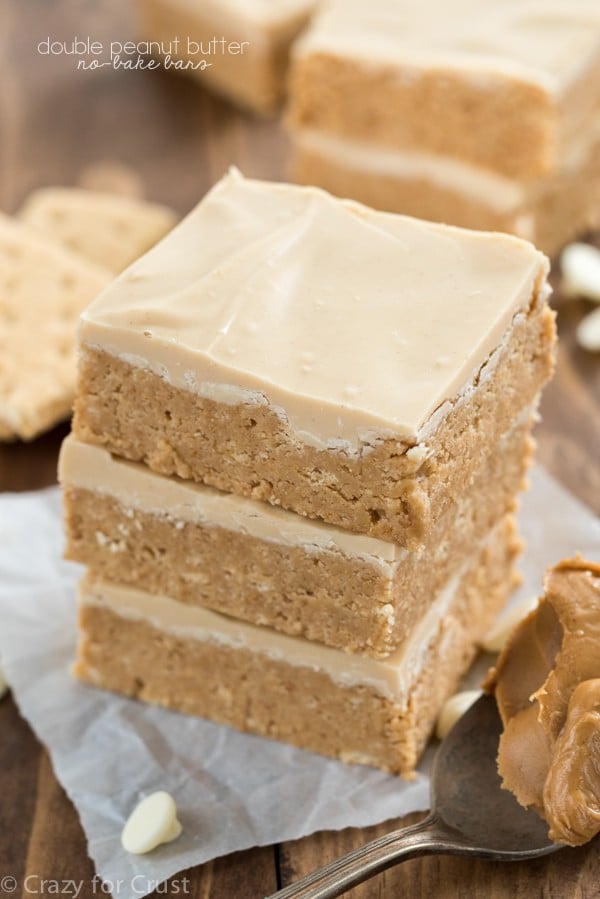 Like the inside of a peanut butter cup, these double peanut butter bars are easy, no-bake, and come together in minutes. Topped with peanut butter white chocolate these bars are a super peanut buttery recipe!