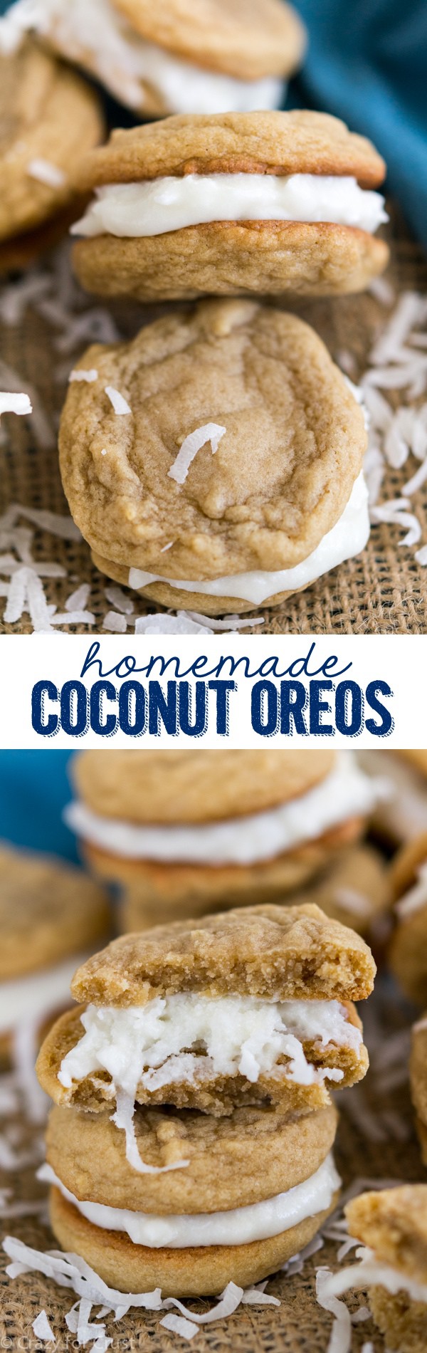 Homemade Coconut Oreos completely from scratch! Like a Golden Oreo copycat filled with coconut cream. They're easy to make at home!