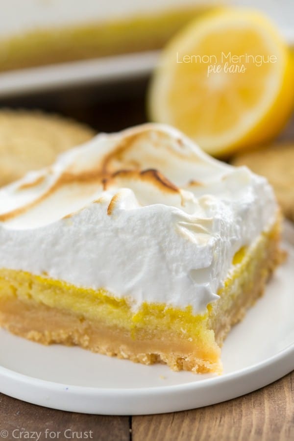 Lemon Meringue Pie Bars - this pie recipe has a shortbread crust and marshmallow meringue on top of an easy lemon bar recipe.