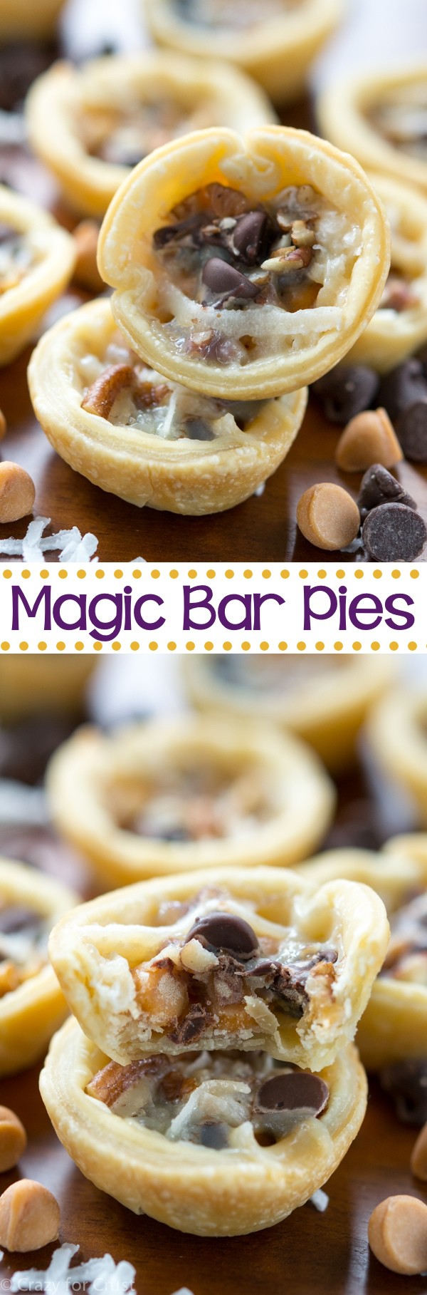 Mini Magic Bar Pies taste like a magic bar in a pie crust. An easy recipe for a bite sized pie full of chocolate and butterscotch flavor!