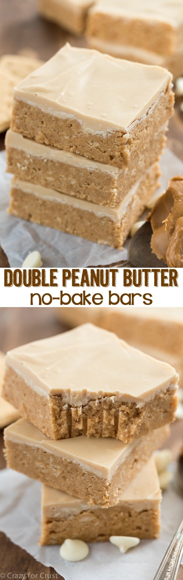 Like the inside of a peanut butter cup, these EASY Double Peanut Butter Bars are no-bake and come together in minutes. Topped with peanut butter white chocolate these bars are a super peanut buttery recipe!
