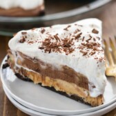 No-Bake Peanut Butter Chocolate Cream Pie on a white plate