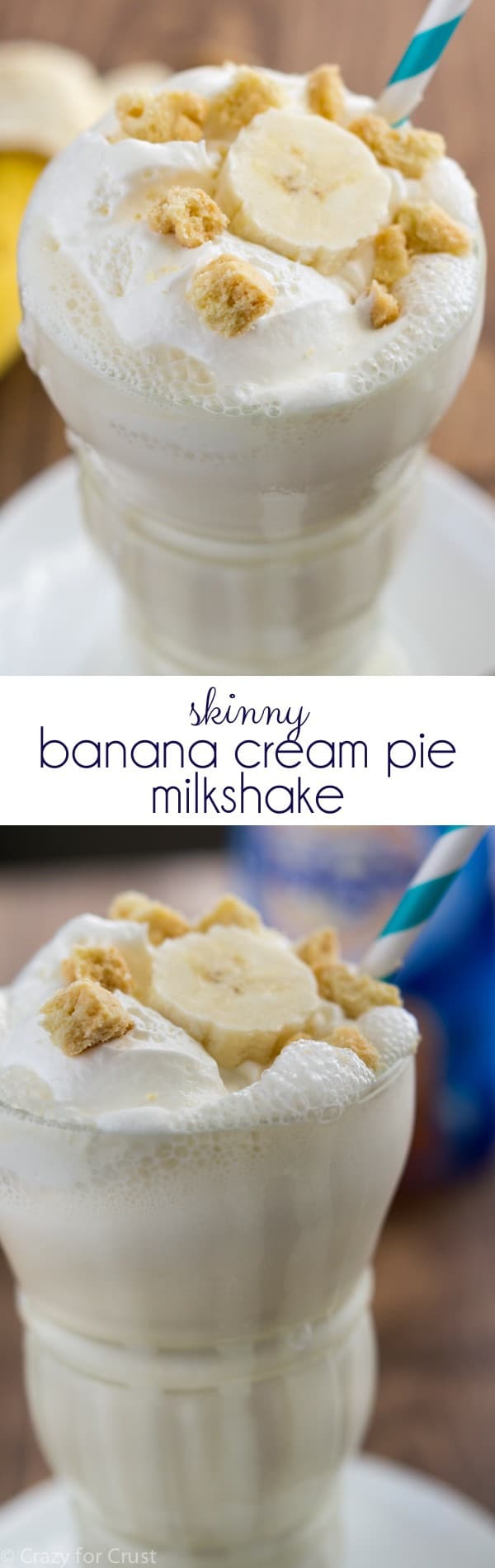 Make this Skinny Banana Cream Pie Milkshake, it tastes like banana cream pie! Just a few ingredients, easy, foolproof, and it's under 150 calories, is low fat and can be made low-sugar!