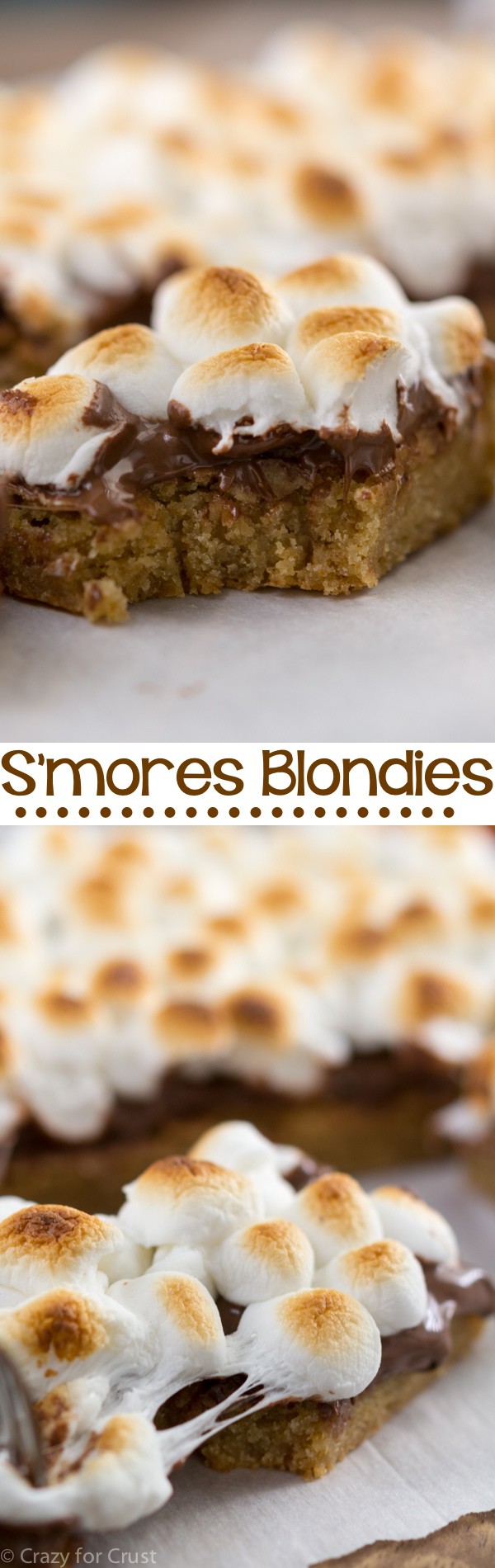 S'more Blondie Bar Recipe - blondie bars topped with Nutella and toasted marshmallows! The BEST indoor s'mores!
