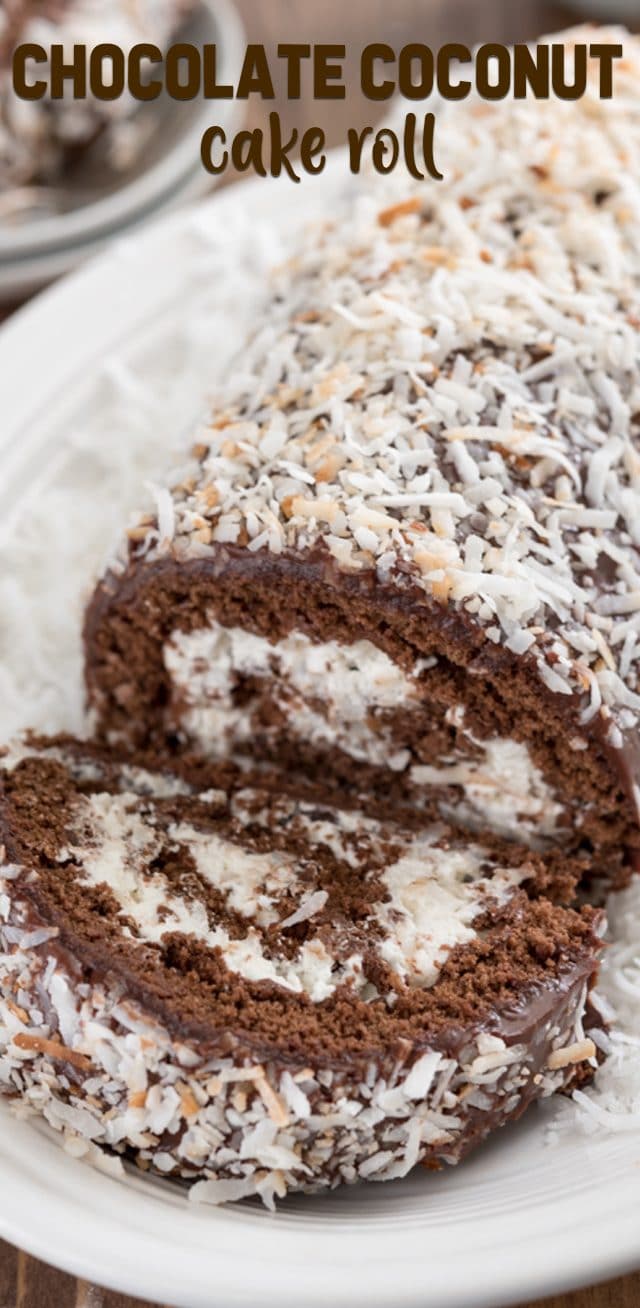 sliced chocolate coconut cake roll on plate