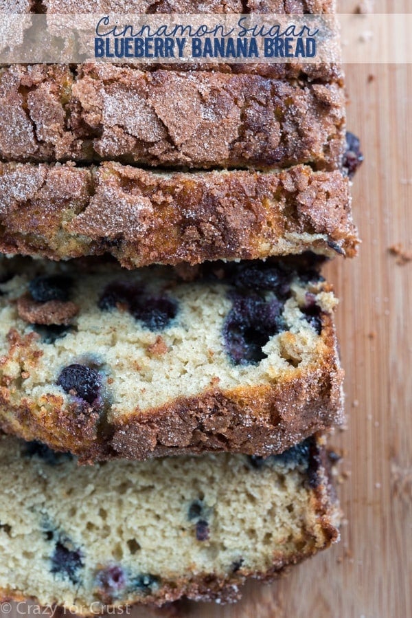 Cinnamon Sugar Blueberry Banana Bread is a great way to use overripe bananas! Easy and foolproof this quick bread is full of blueberries and cinnamon sugar!