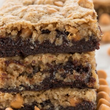 brownie cookie bar with butterscotch in a stack of 3