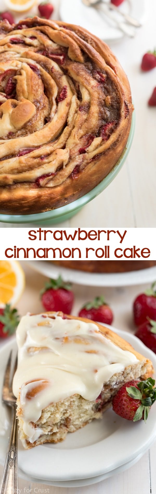 This Giant Strawberry Cinnamon Roll Cake Recipe is perfect for breakfast or brunch. My favorite cinnamon roll recipe is filled with fresh strawberries and then rolled up like a cake and frosted with lemon icing!