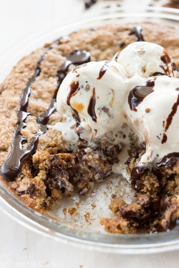 Chocolate Pecan Oatmeal Cookie Pie - an easy oatmeal cookie filled with chocolate and pecans then baked in a pie plate.
