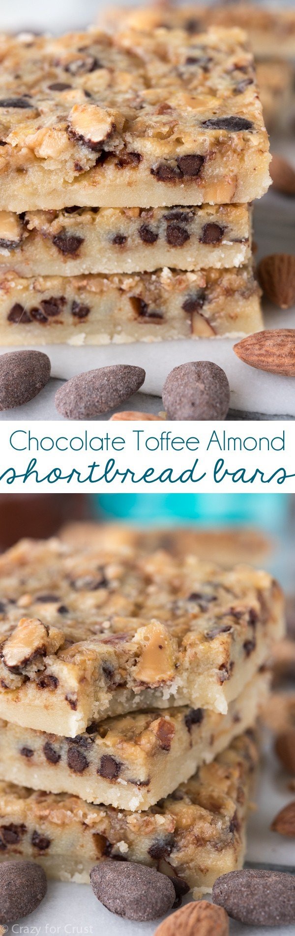 These Chocolate Toffee Almond Shortbread Bars have a thick shortbread crust and a gooey filling with chocolate, toffee, and almonds collage 