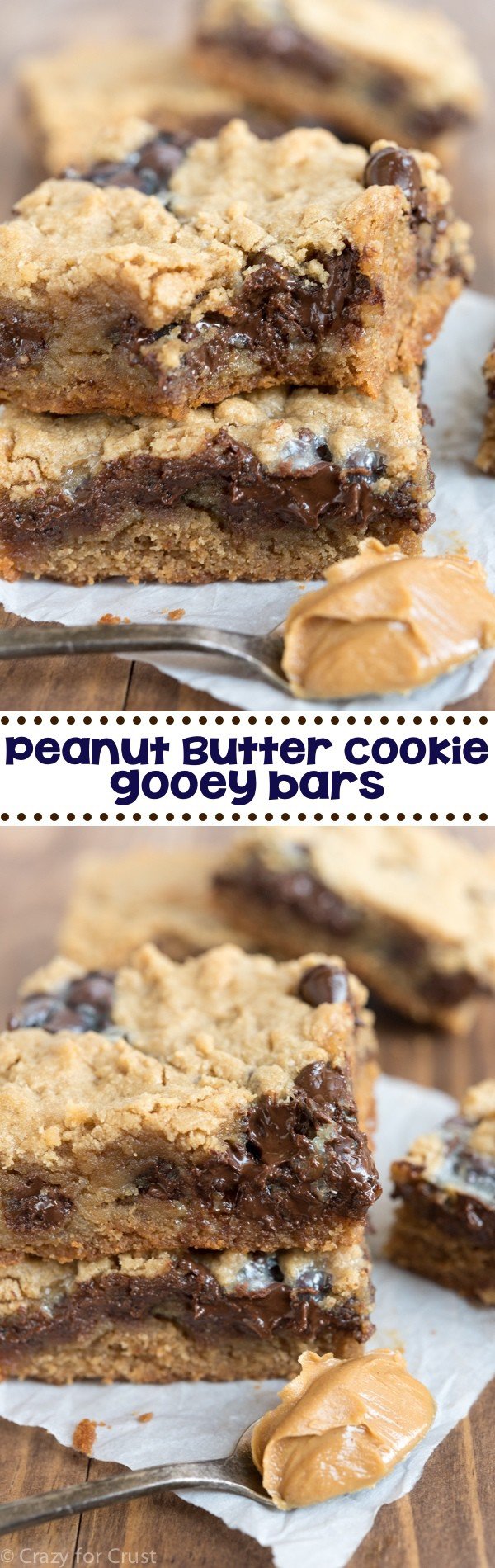 Peanut Butter Cookie Gooey Bars - my favorite easy peanut butter cookie recipe baked as a bar and filled with gooey chocolate!