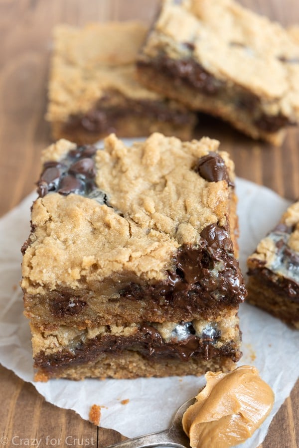 Peanut Butter Cookie Gooey Bars - my favorite easy peanut butter cookie recipe baked as a bar and filled with gooey chocolate!