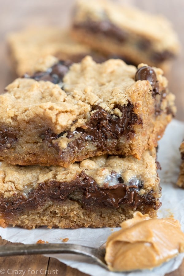 Peanut Butter Cookie Gooey Bars - my favorite easy peanut butter cookie recipe baked as a bar and filled with gooey chocolate!