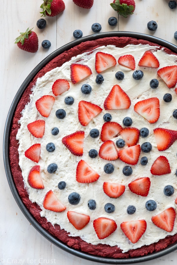 Red Velvet Fruit Pizza on a Pizza tray