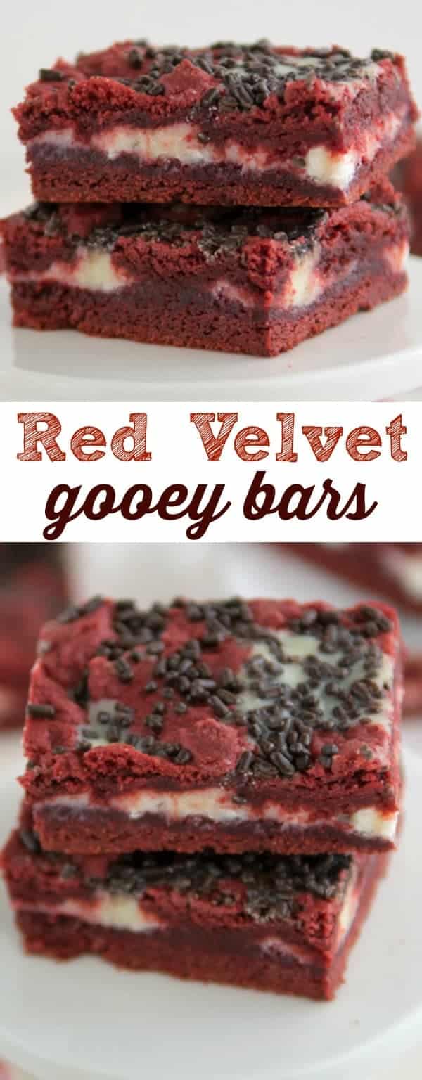 Collage of Red Velvet Gooey Bars on a white cake plate 