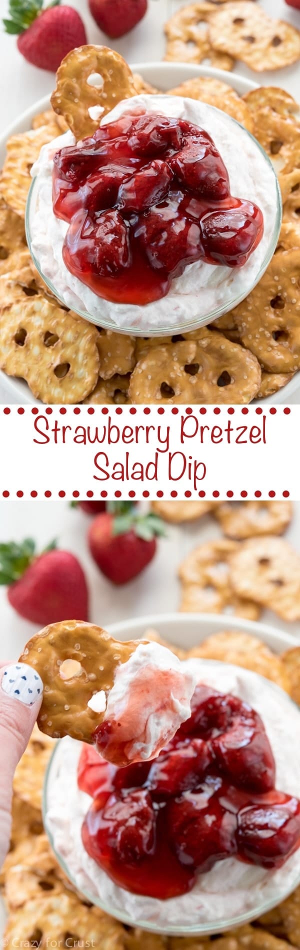 Strawberry Pretzel Salad Dip with a pretzel dipping into it collage