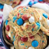 Plate of Fireworks Pudding Cookies with M and M's and words in top right hand corner