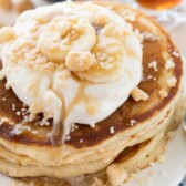 Buttermilk Banana Pancakes on a white plate