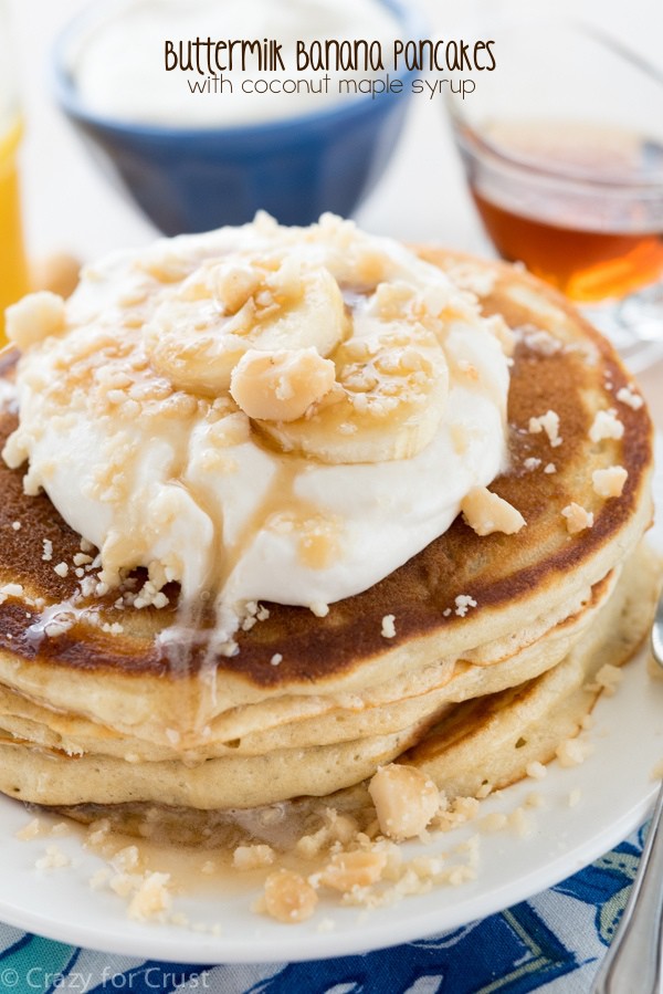 These Buttermilk Banana Pancakes are so good! It's an easy pancake recipe that's yields fluffy pancakes that taste so good with coconut maple syrup.
