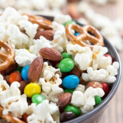 Homemade Kettle Corn Snack Mix in a dark bowl