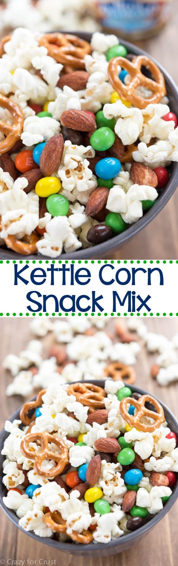 Kettle Corn Snack Mix with almonds! EASY homemade kettle corn is mixed with candy, almonds, and pretzels to make the perfect snack!