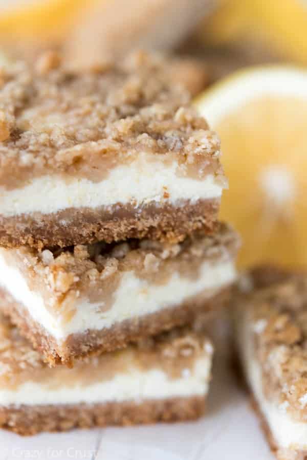 Lemon Crumble Cheesecake Bars - three layers of lemon! Nilla Wafer Crust, lemon cheesecake, and lemon crumble!