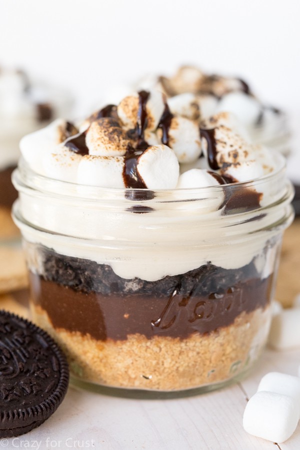 No-Bake Oreo S'more Trifle Recipe with graham crackers, pudding, Oreos, and marshmallow!