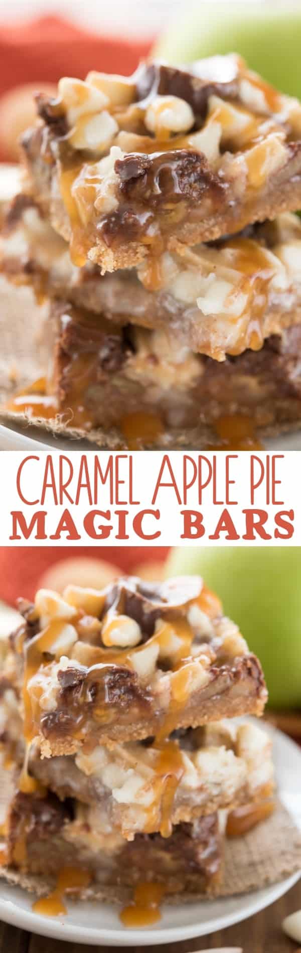 Caramel apple pie magic bars photo collage with words in the middle