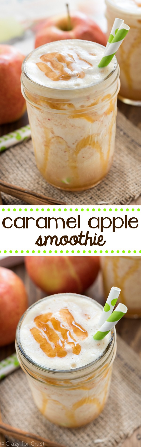 Caramel Apple Smoothie Recipe - an easy smoothie full of fall flavors. No added sugar, can be made dairy free! The perfect smoothie for kids.