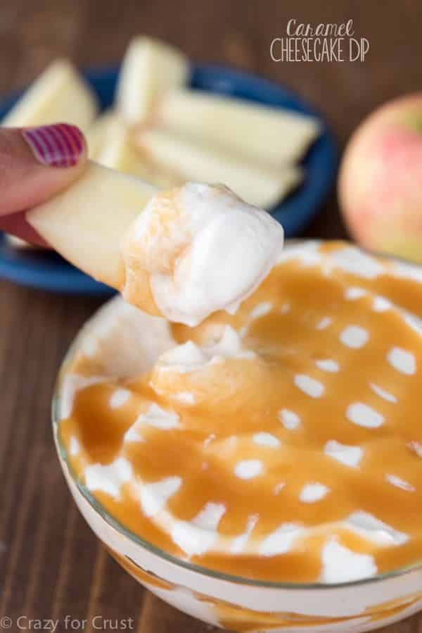 This easy Caramel Cheesecake Dip is the perfect fall recipe! Use it to dip apples or as a party dip!