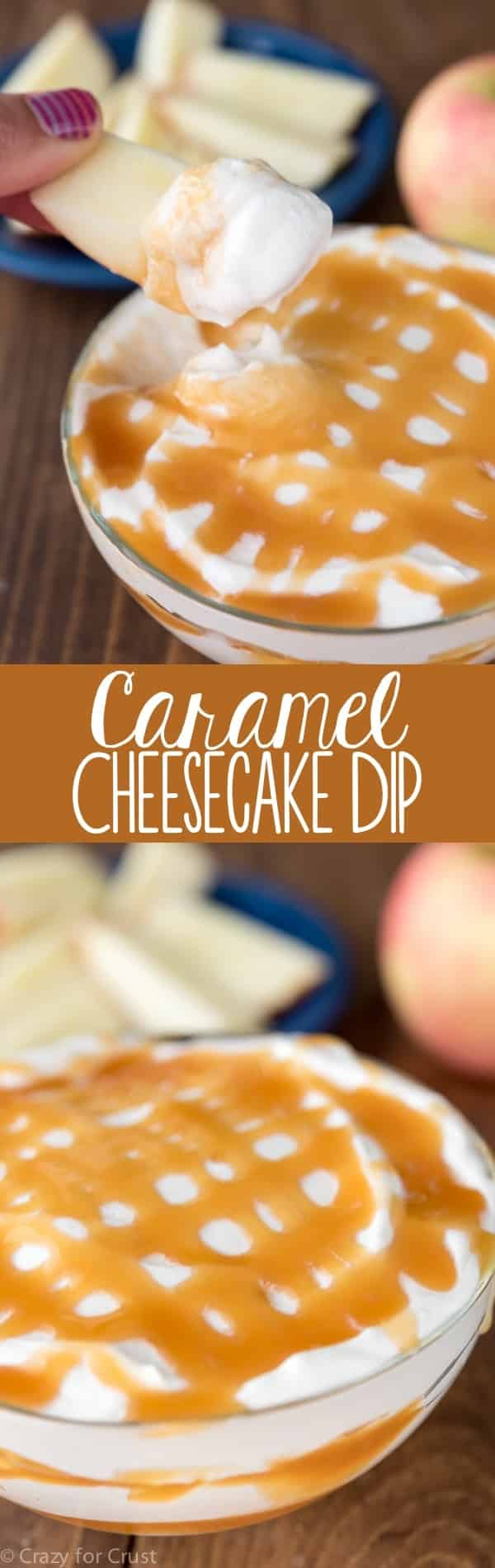 This easy Caramel Cheesecake Dip is the perfect fall recipe! Use it to dip apples or as a party dip!