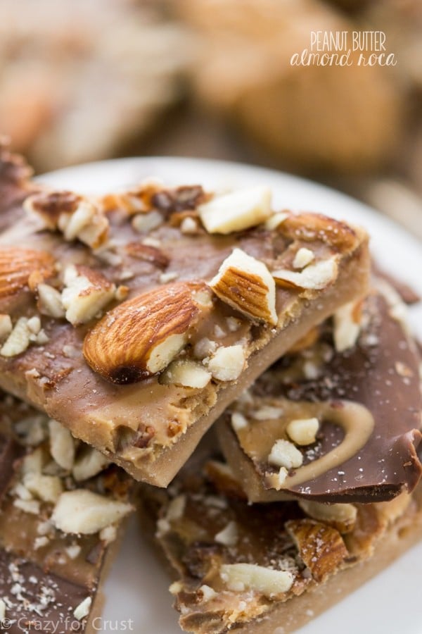 Peanut Butter Almond Roca Copycat Recipe - an easy butter toffee recipe topped with chocolate and peanut butter!