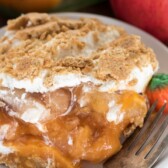 Pumpkin Apple No Bake Dessert on a white plate with a fork