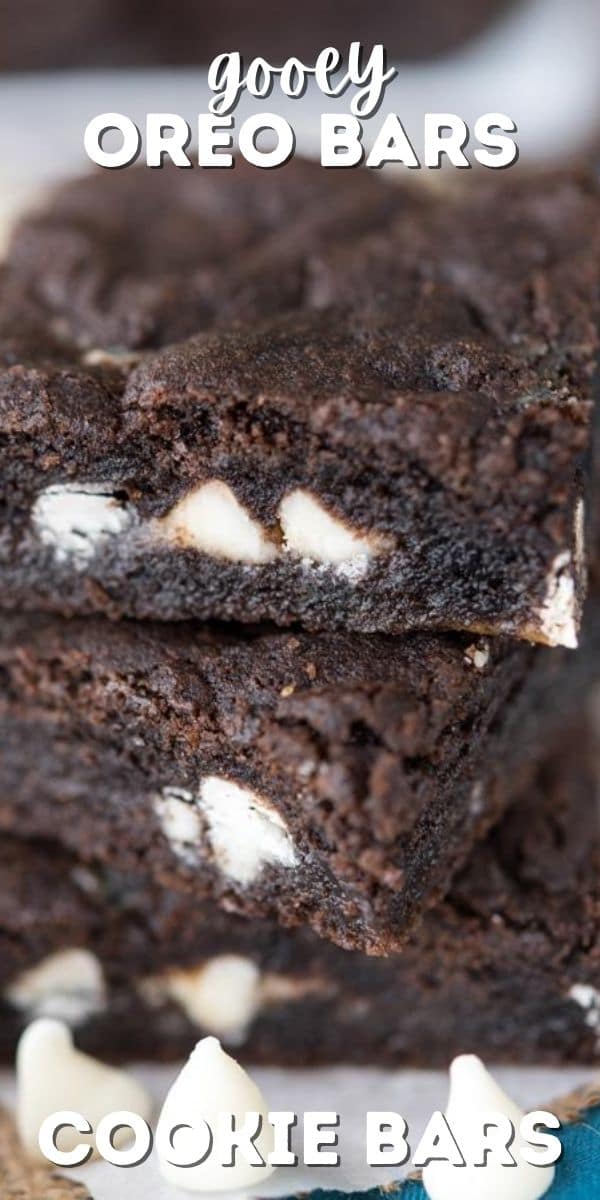 stack of oreo cookie bars with words on photo