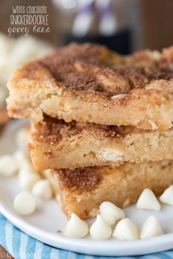 Snickerdoodle Gooey Bars on a white plate with writing