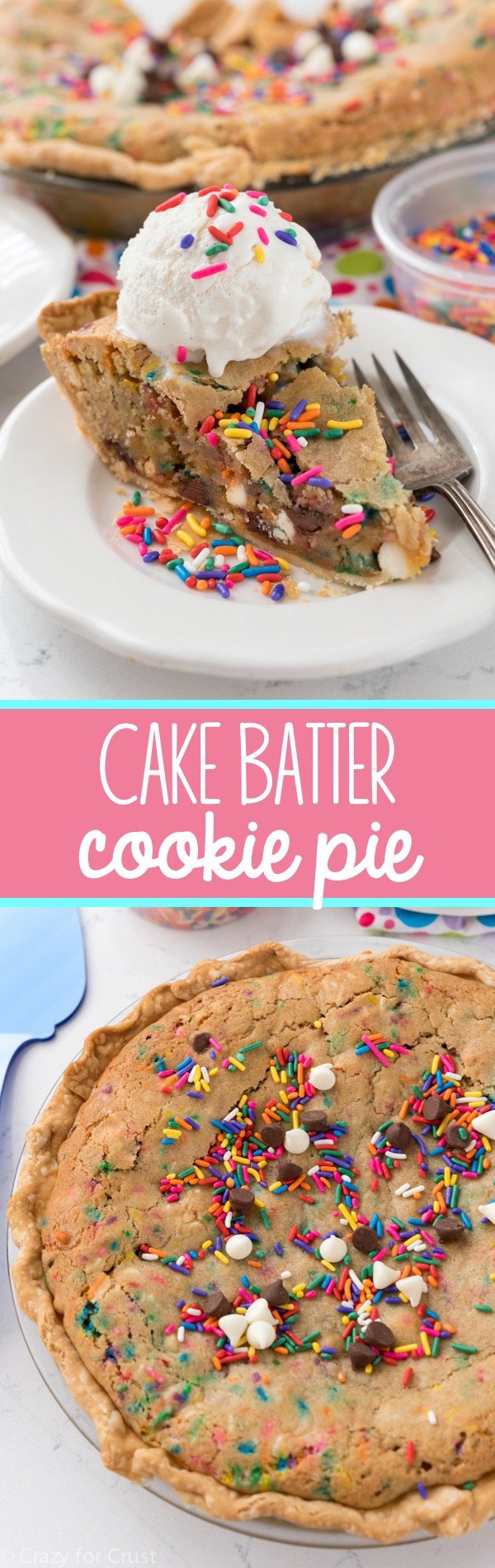 This Cake Batter Cookie Pie recipe couldn't be easier to make! It's a giant cake batter cookie in a pie crust. We couldn't stop eating this pie!
