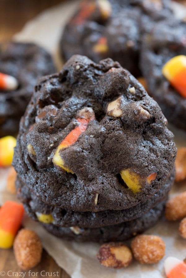 stack of candy corn chocolate cookies