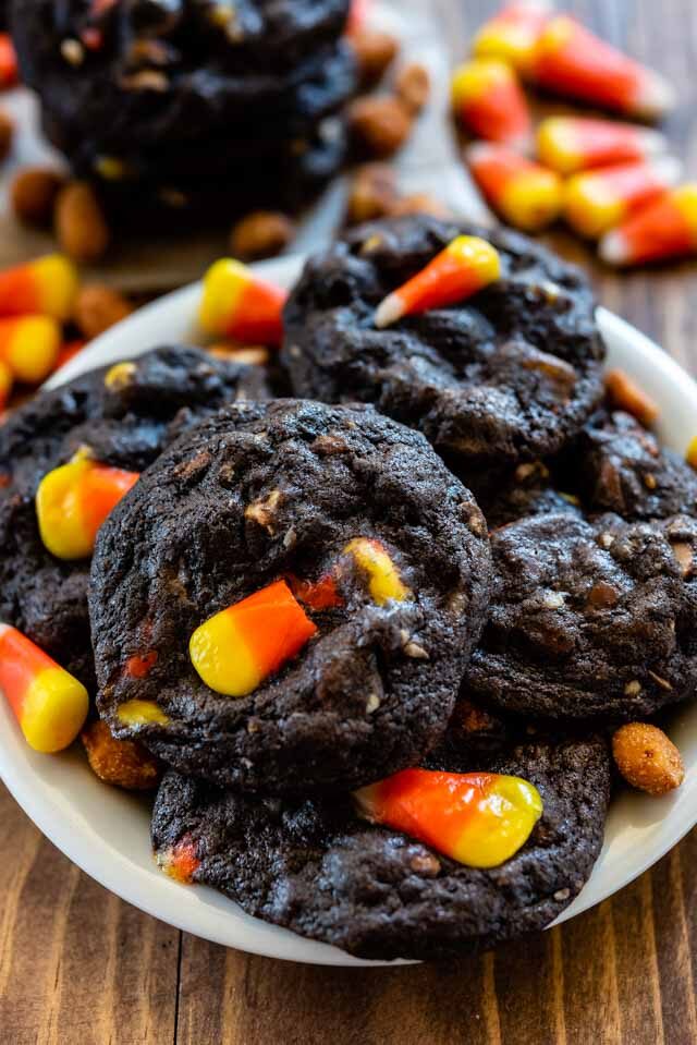 chocolate candy corn cookies on plate