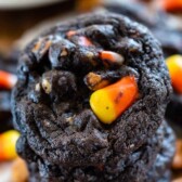 stack of chocolate candy corn cookies