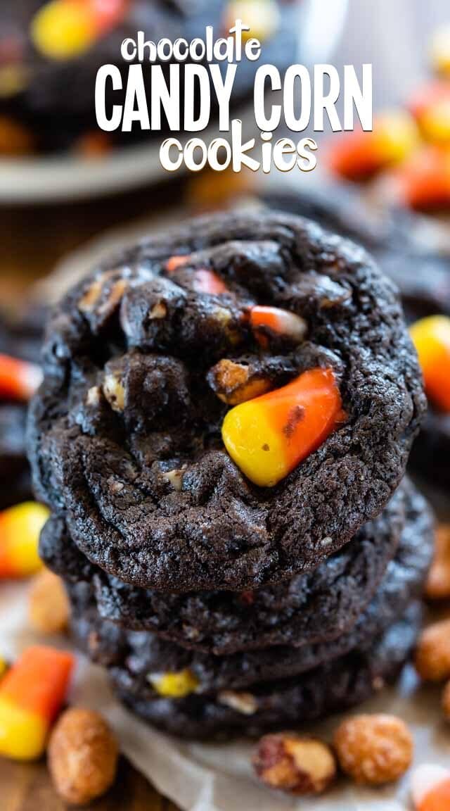 stack of chocolate candy corn cookies